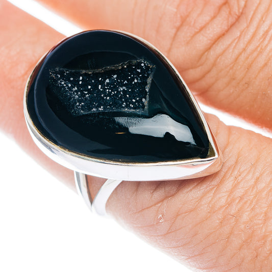 Black agate druzy teardrop ring with silver-tone bezel on oval band