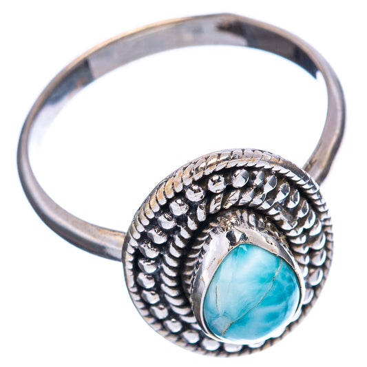 Larimar oval gemstone ring with textured silver band, decorative bezel, size 7.75