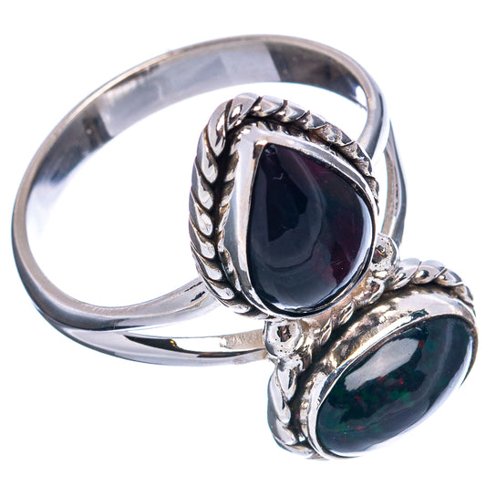 Oval dark opal gemstone double-stone sterling silver ring with twisted metal detail