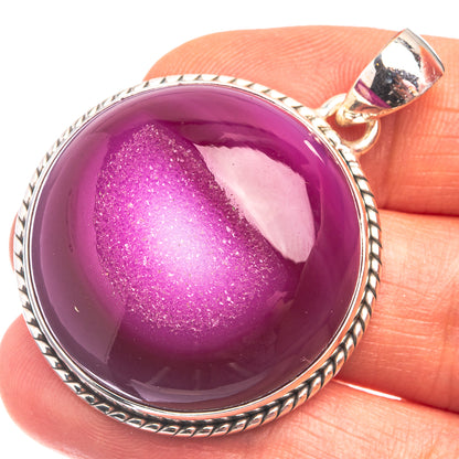 Pink Agate Druzy Pendant 1 3/4" (.925 Sterling Silver)