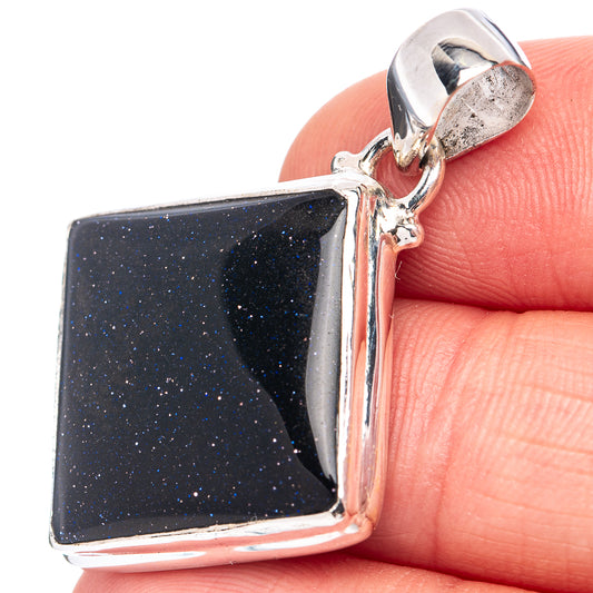 Blue goldstone square pendant, .925 sterling silver bezel and loop bail (close-up)