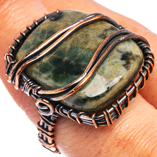Oxidized copper wire-wrap ring with green ocean jasper oval and layered copper wire details