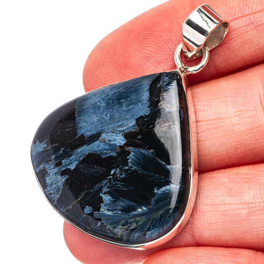 Sterling silver teardrop pietersite pendant with blue and black stone, bail loop
