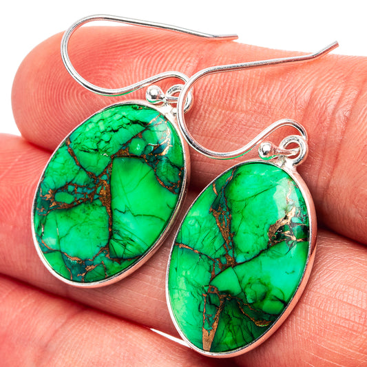 Green turquoise teardrop earrings on .925 sterling silver hook, detailed stone