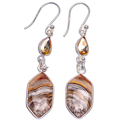 Sterling silver drop earrings with citrine teardrop tops and lace agate drop pendants