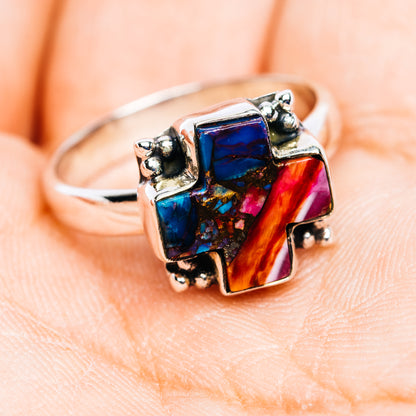 Turquoise spiny oyster cross ring, sterling silver band with blue and orange-red stones