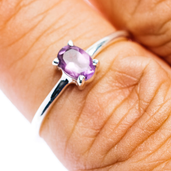 Sterling silver amethyst stackable ring, oval purple gemstone with prong settings