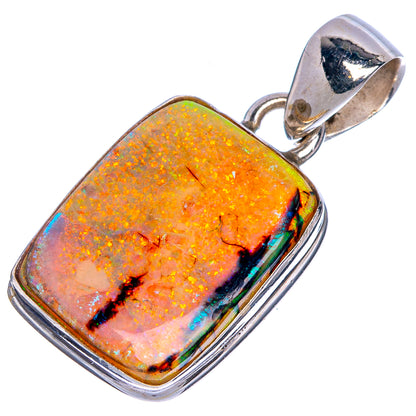 Sterling silver opal pendant with rectangular bezel and orange iridescent stone