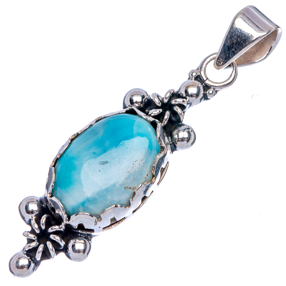 Larimar pendant 925 sterling silver, oval blue stone with top bail and floral accents