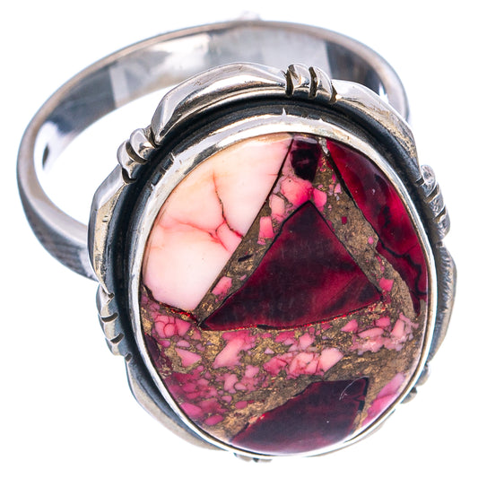 Sterling silver oval ring with red-pink stone and turquoise-pattern inlay
