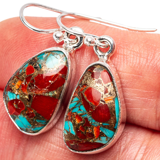 Teardrop sterling silver earrings with red coral and turquoise matrix inlay