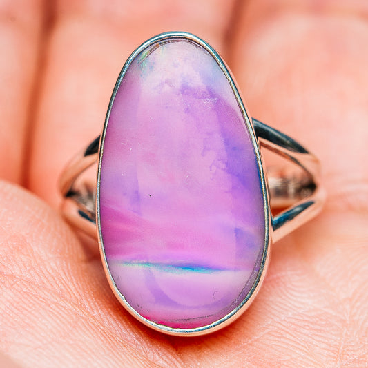 Iridescent teardrop opal ring in silver-toned setting with pink-purple gradient