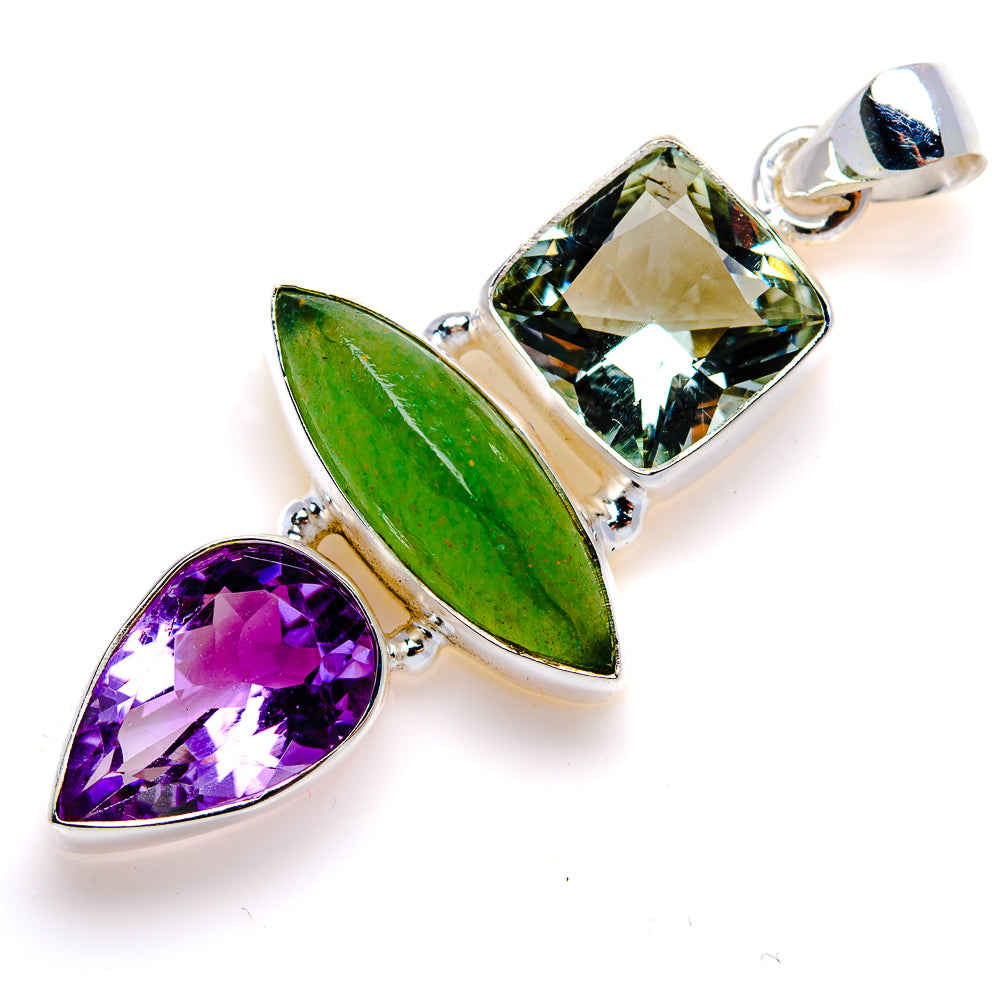 Sterling silver pendant with green marquise and purple pear faceted stones, square center