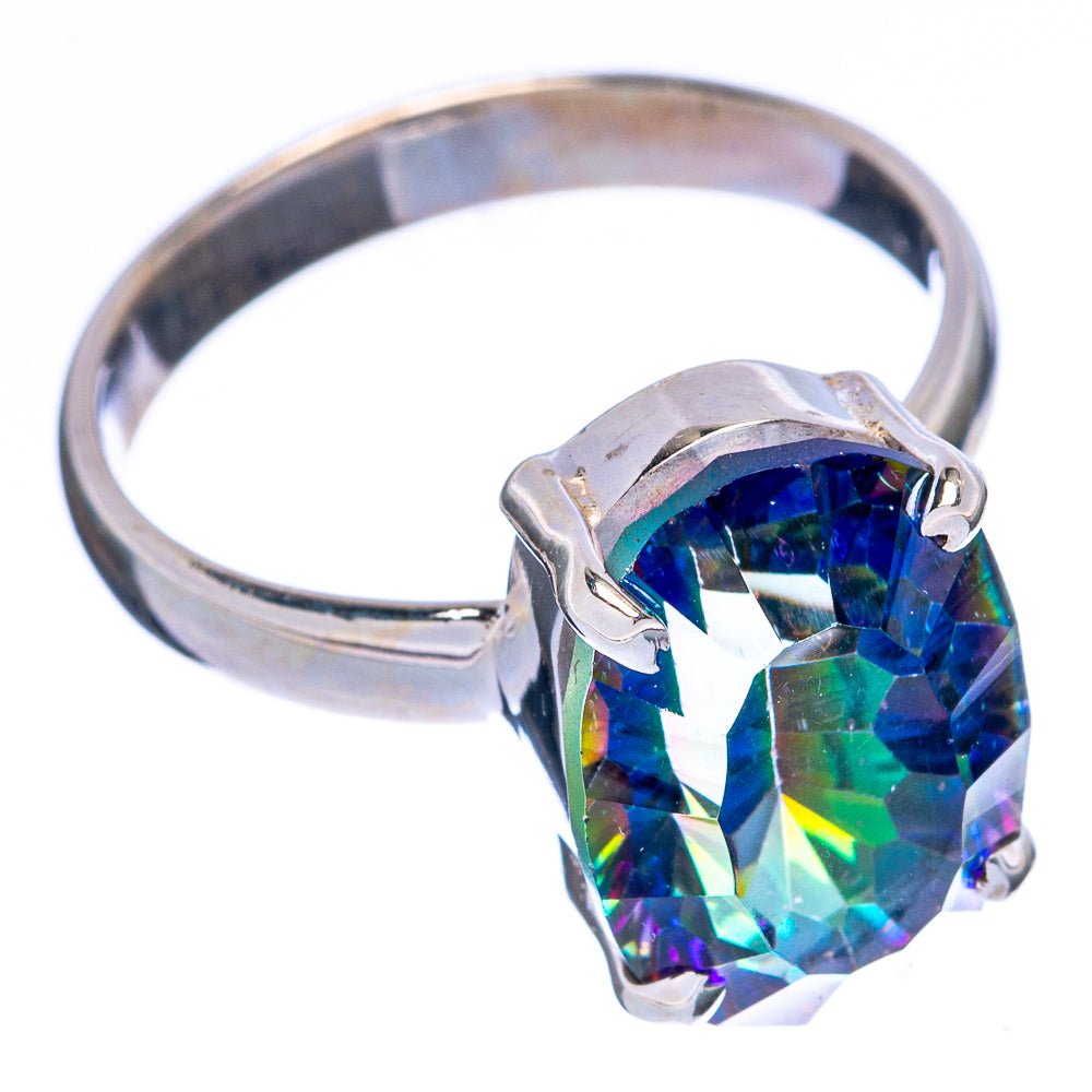 925 sterling silver ring with round blue-green faceted gemstone, prong setting