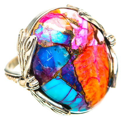 Sterling silver oval gemstone ring with leaf motifs and colorful stone bezel