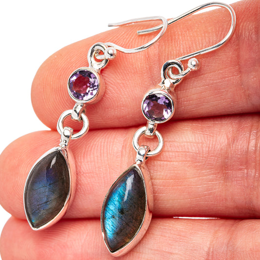 Sterling silver earrings with purple top bead and iridescent labradorite teardrop drops