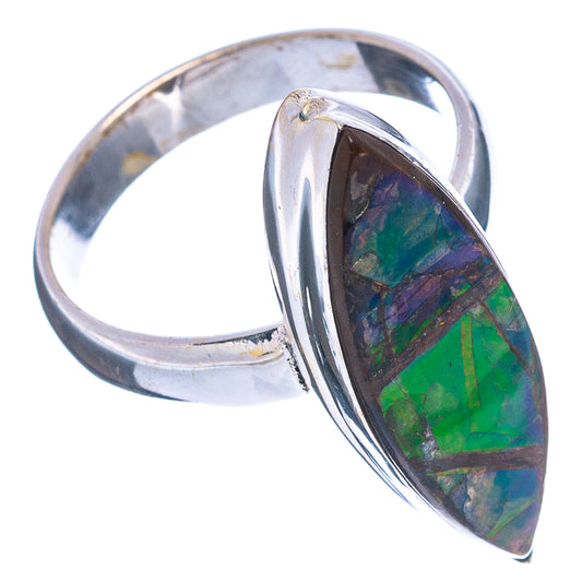 Sterling silver ammolite ring, side view, bezel-set iridescent green-blue stone