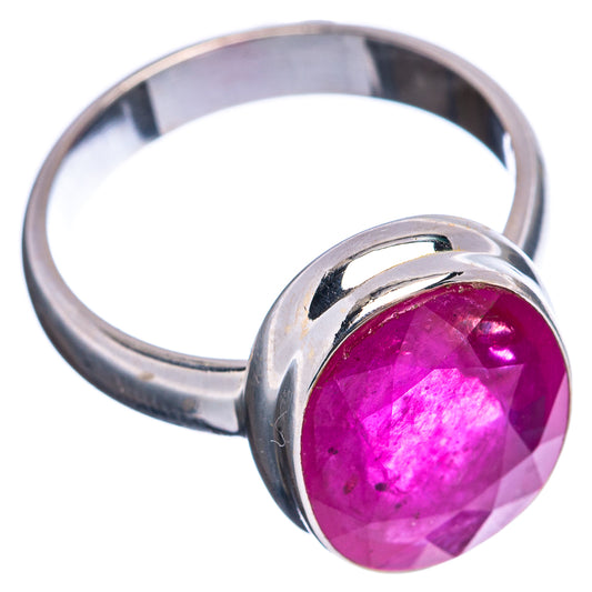 Raised bezel ruby ring with magenta oval glass stone, .925 sterling silver band