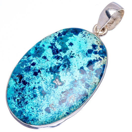 Oval Shattuckite pendant in .925 sterling silver with polished blue stone and loop bail