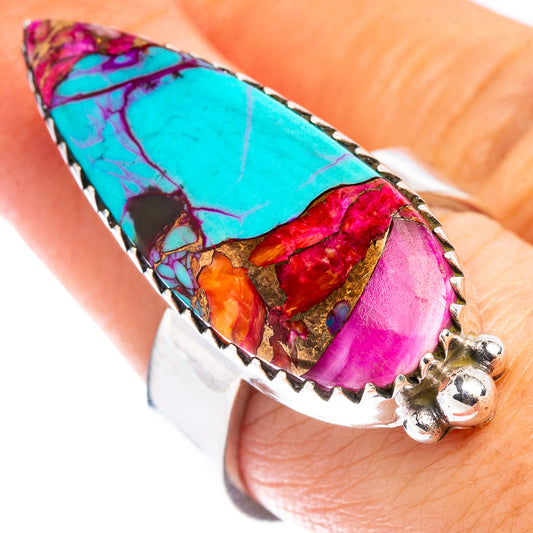 Turquoise and pink stone inlay sterling silver adjustable ring with scalloped bezel