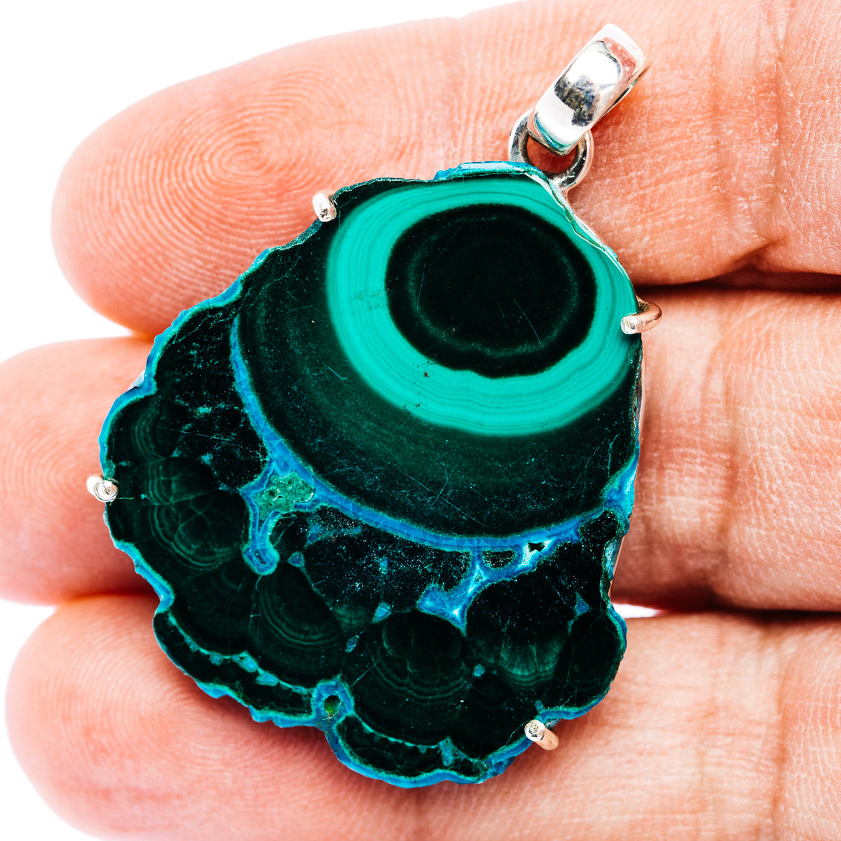 Chrysocolla In Malachite Slice Pendant 1 3/4" (.925 Sterling Silver)