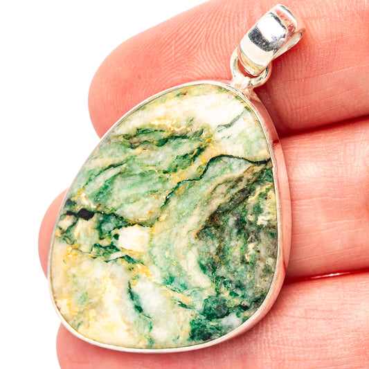 925 sterling silver mariposite pendant with green teardrop stone cabochon