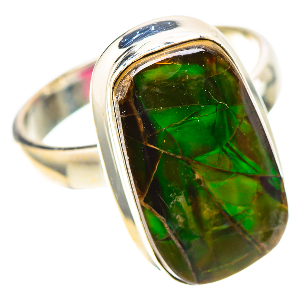 Green ammolite oval ring with high-polish 925 sterling silver band and bezel