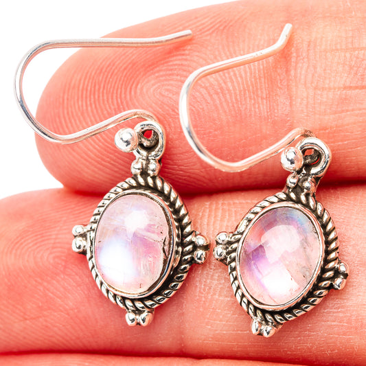 Sterling silver oval pink iridescent moonstone drop earrings with fishhook hooks