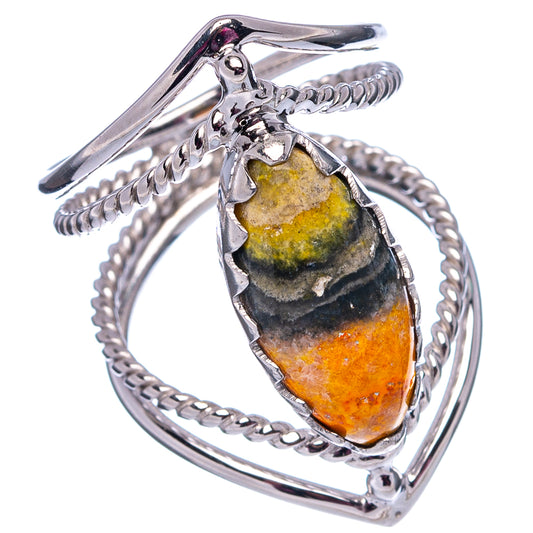 Sterling silver ring with bezel-set bumblebee jasper marquise stone and braided details