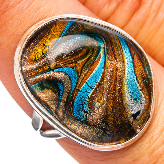 Sterling silver oval dichroic glass ring, blue-gold swirls, size 7.5