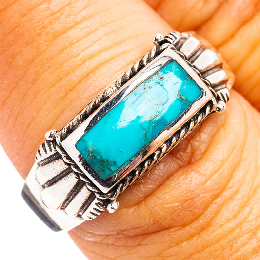 Turquoise stone sterling silver ring with rectangular cabochon and engraved frame