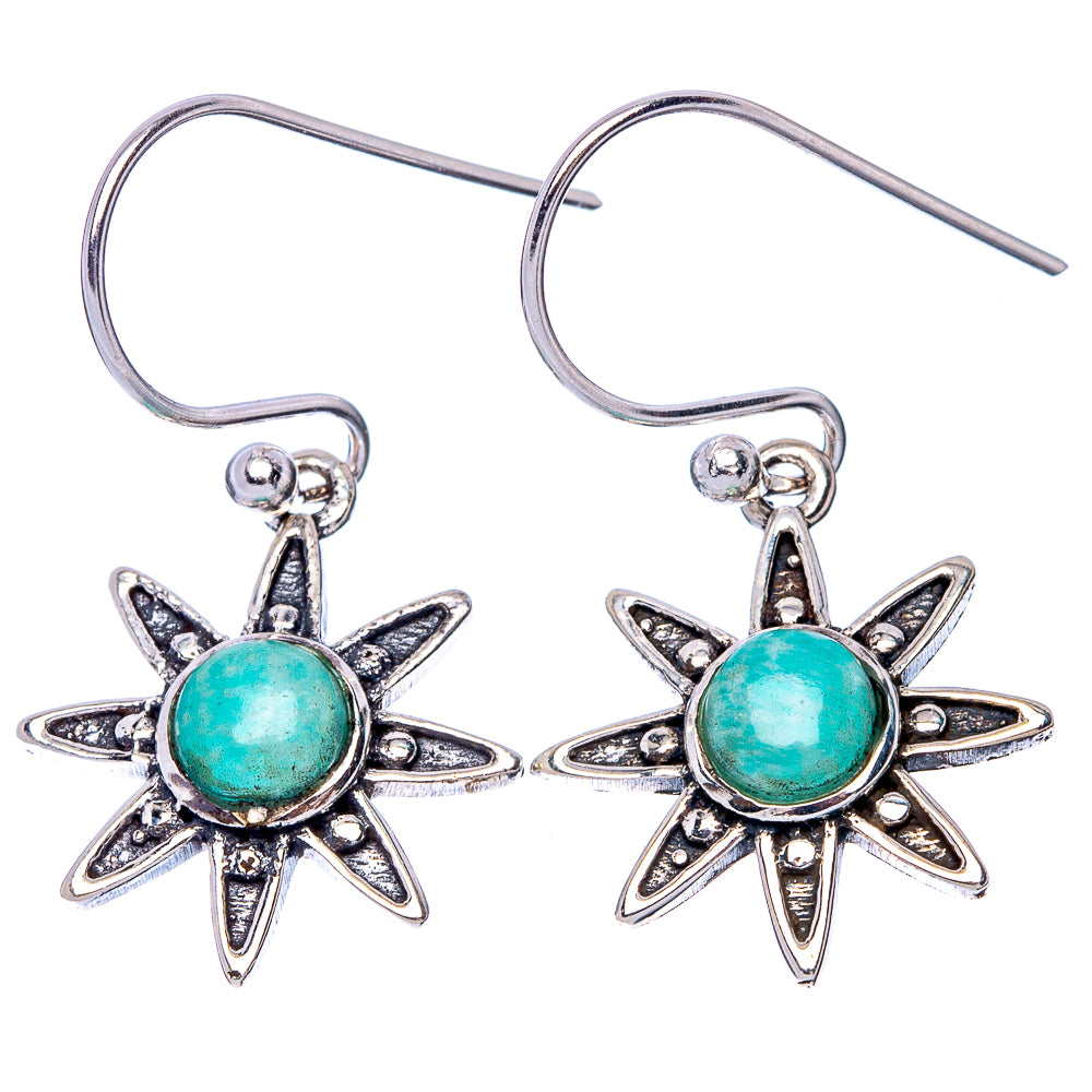 Sterling silver hook earrings with turquoise amazonite round cabochon and six-point flower petals