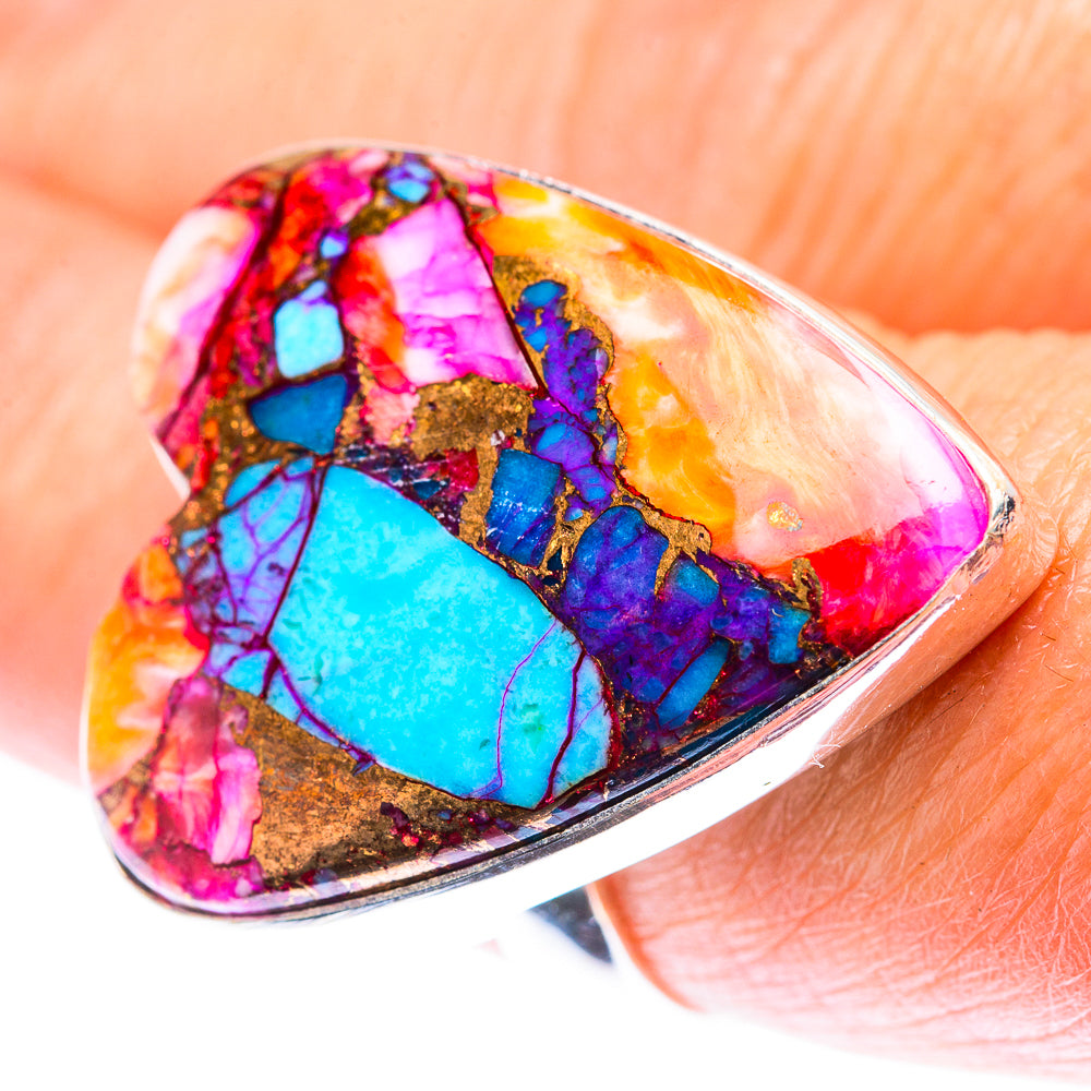 Sterling silver ring with teardrop multicolor stone, blue pink orange gold flecks