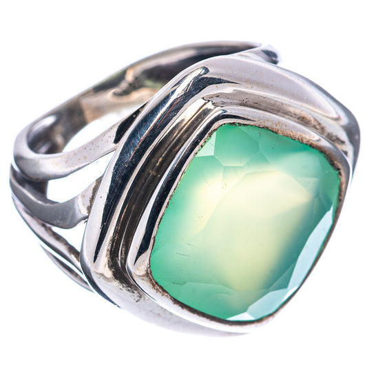Sterling silver ring with faceted aqua chalcedony cushion gemstone, angled view