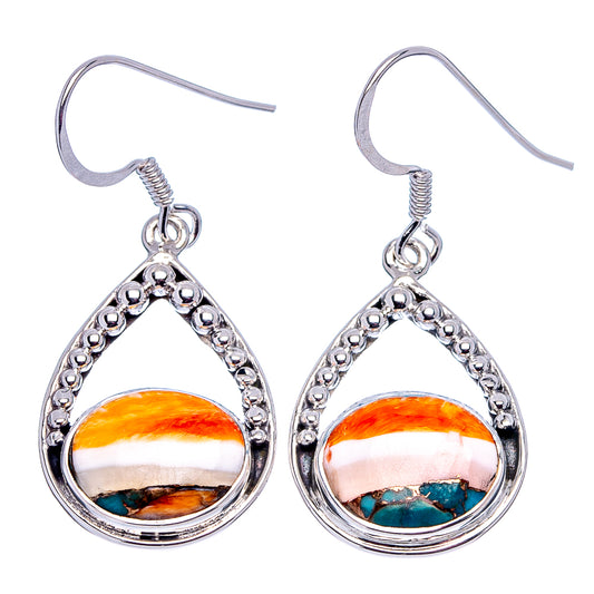 Sterling silver teardrop dangle earrings, orange-white center with turquoise accent