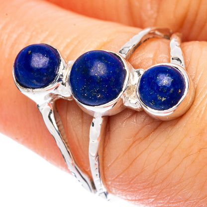 Sterling silver ring with three round blue lapis lazuli cabochon stones