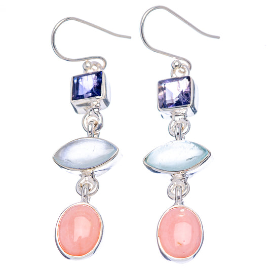 Sterling silver earrings with blue square stone, moonstone drop, and pink oval accent