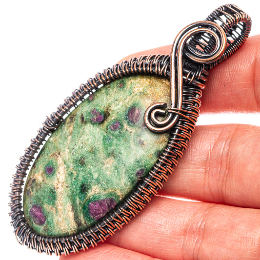Oxidized copper wire wrap pendant with oval green fuchsite stone and loop bail