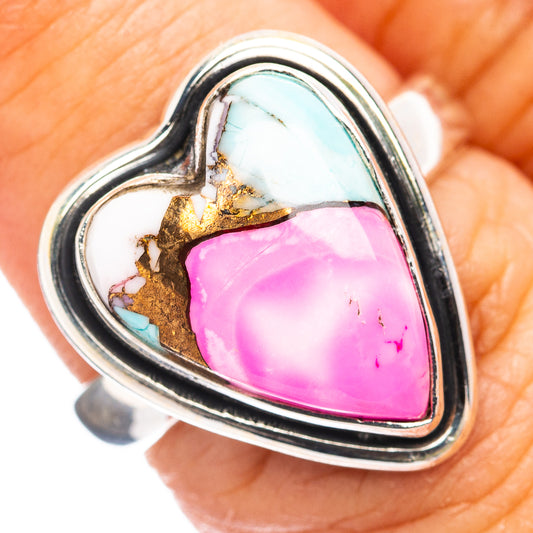 Heart-shaped sterling silver ring with pink and turquoise inlay, gold-toned accents
