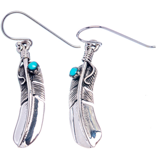 Turquoise bead and carved feather dangle earrings, silver-tone shepherd hook style