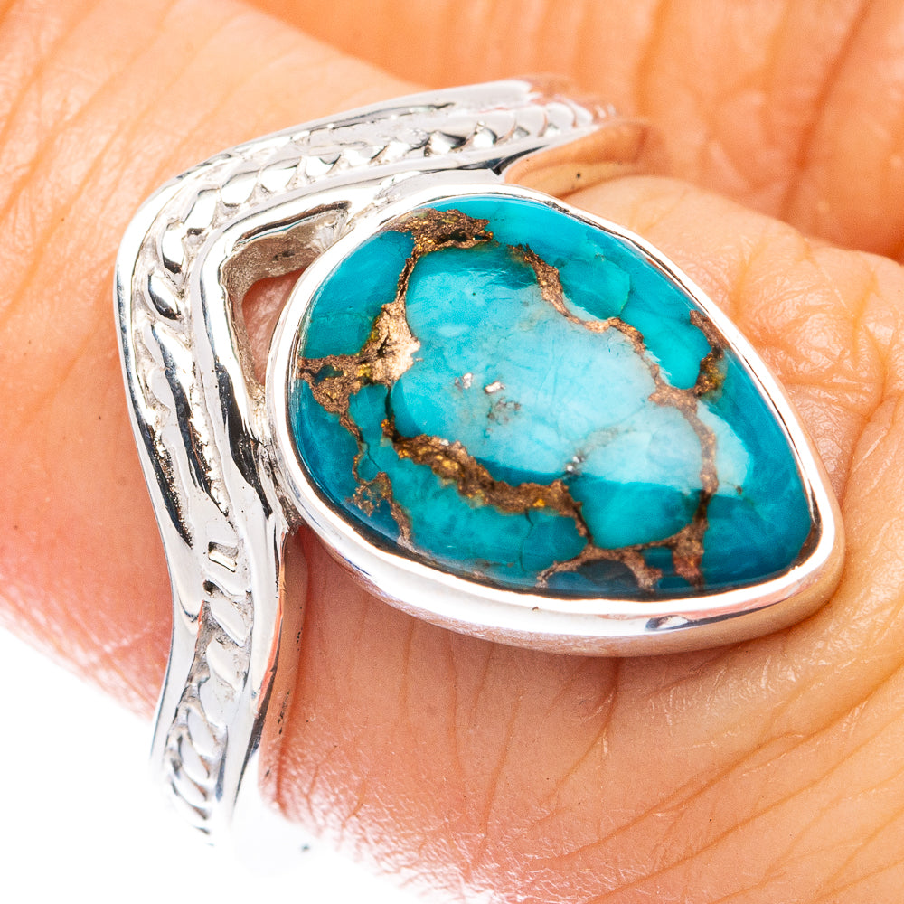 Turquoise cabochon ring in 925 sterling silver, oval stone with bronze veining