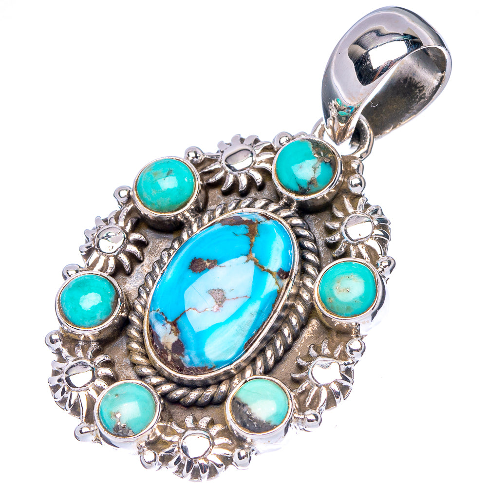 Turquoise oval centerpiece pendant with multiple round cabochons in an ornate silver circular frame