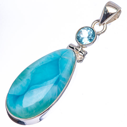Sterling silver pendant with oval Larimar stone and round blue topaz accent