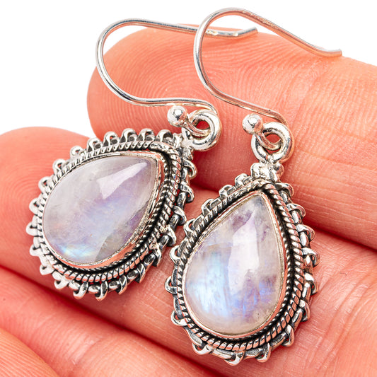 Sterling silver moonstone teardrop drop earrings, textured frame, French hooks