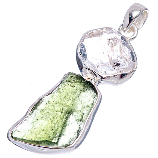 Sterling silver pendant with clear and green crystal gemstones, top loop bail