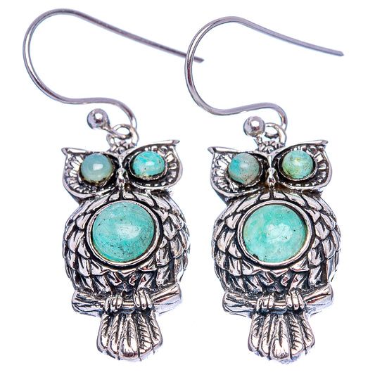Pair of sterling silver owl earrings with turquoise amazonite cabochons and ear wires