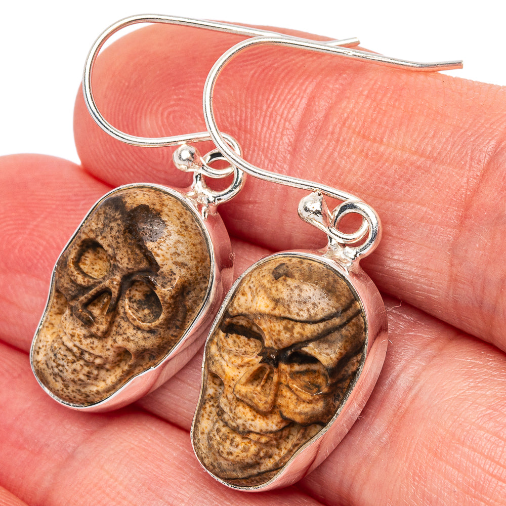 Picture jasper skull earrings with 925 sterling silver oval frames and ear wires