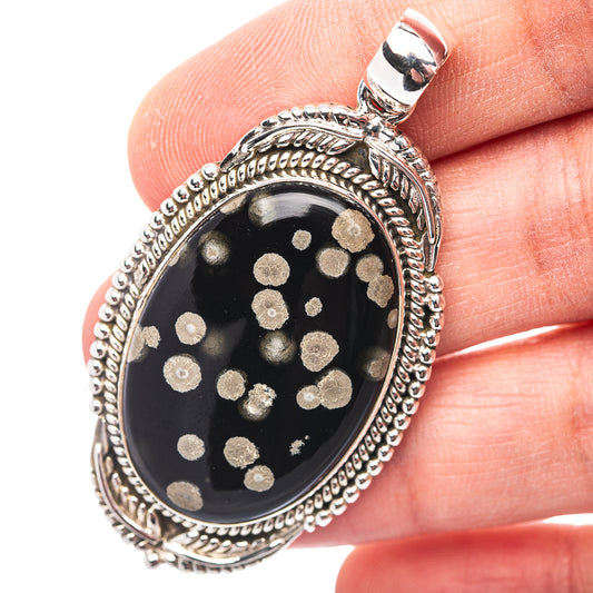 Premium Southwestern Style Snowflake Obsidian  Pendant 2 1/8" (.925 Sterling Silver)