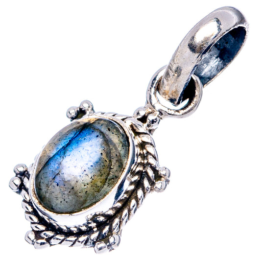 Oval labradorite pendant with blue-gray stone and ornate .925 sterling silver frame
