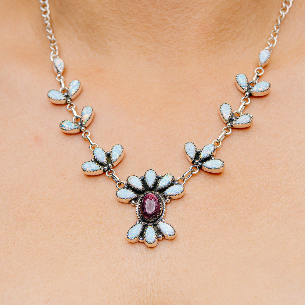 Southwestern Style Purple Spiny Oyster, Lab Opal Necklace 12 to 19" (.925 Sterling Silver)